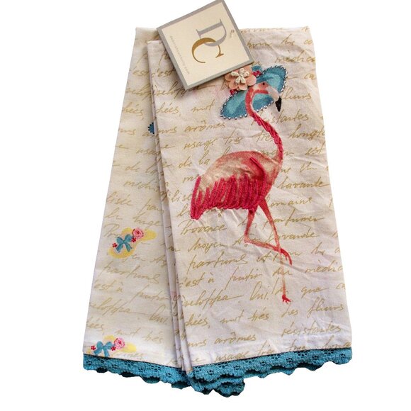 Deborah Connolly 2 Pc Decorative Kitchen Towel Set Flamingo in Hat Embroidered - Picture 1 of 4